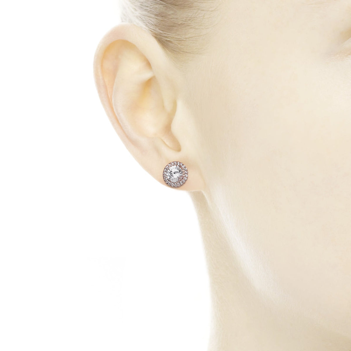 Stud Earrings – 14k Rose Gold-Plated – Round Sparkle Halo