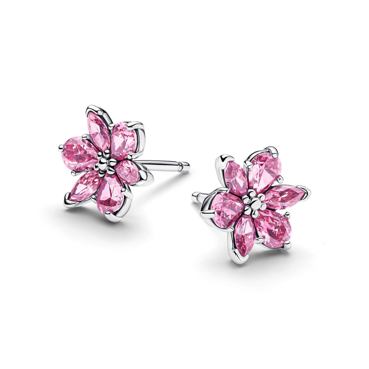 Stud Earrings – Sterling Silver – Herbarium Sparkling Pink Flower