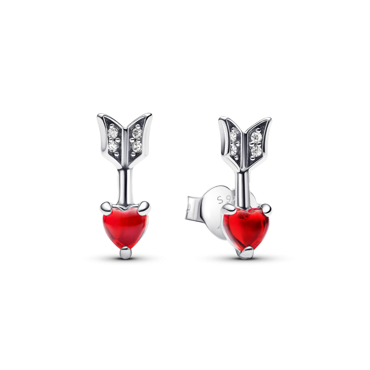 Stud Earrings – Sterling Silver – Arrow & Murano Glass Heart