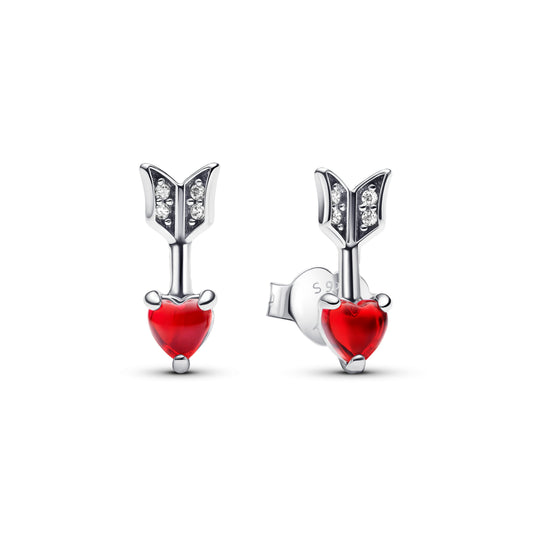 Stud Earrings – Sterling Silver – Arrow & Murano Glass Heart