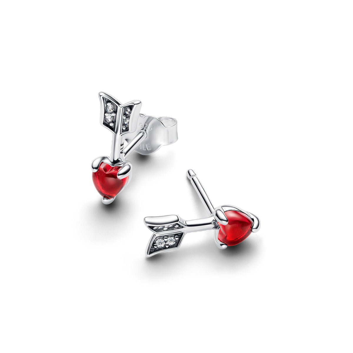 Stud Earrings – Sterling Silver – Arrow & Murano Glass Heart