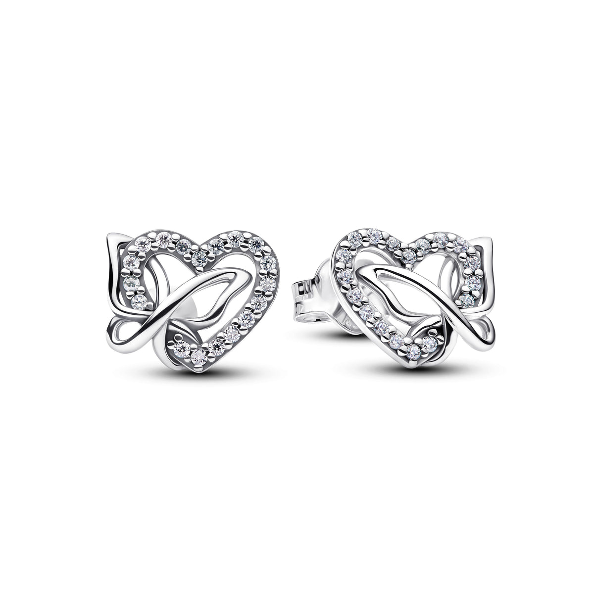 Stud Earrings – Sterling Silver – Entwined Heart & Butterfly