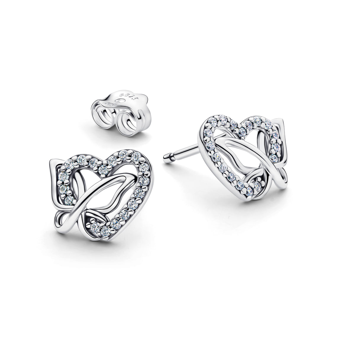 Stud Earrings – Sterling Silver – Entwined Heart & Butterfly