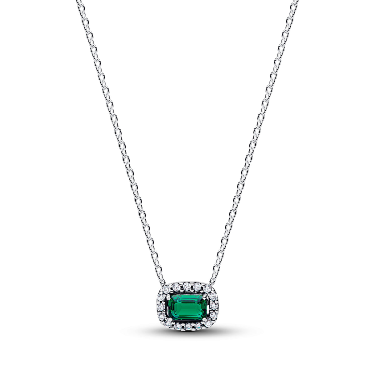 Pendant Necklace – Sterling Silver – Rectangular Sparkling Green Halo