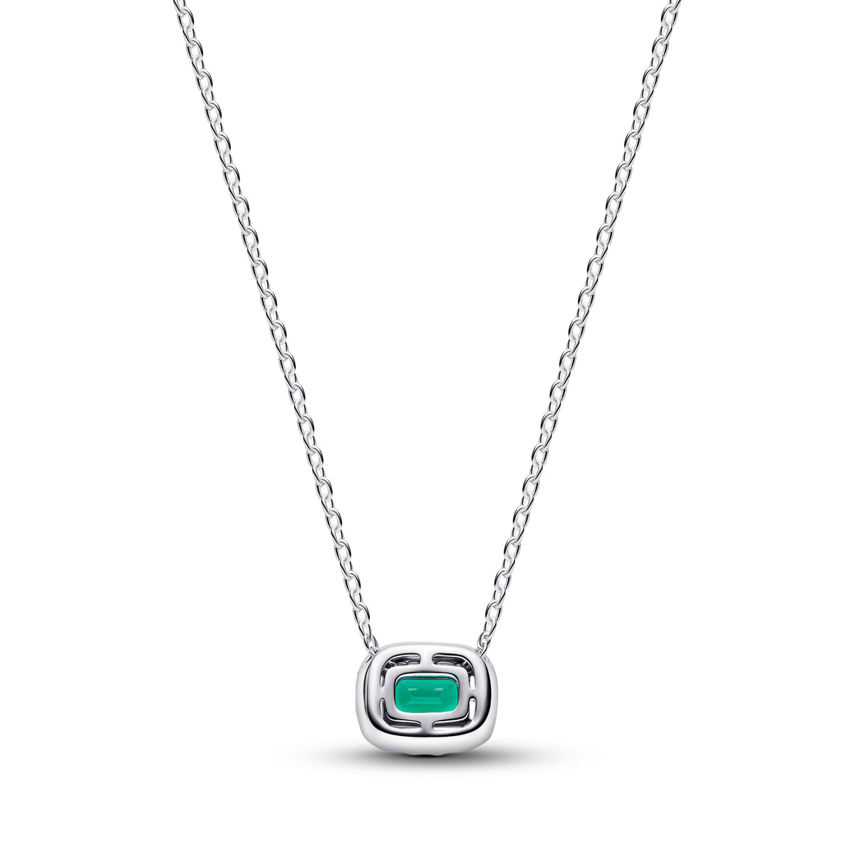 Pendant Necklace – Sterling Silver – Rectangular Sparkling Green Halo