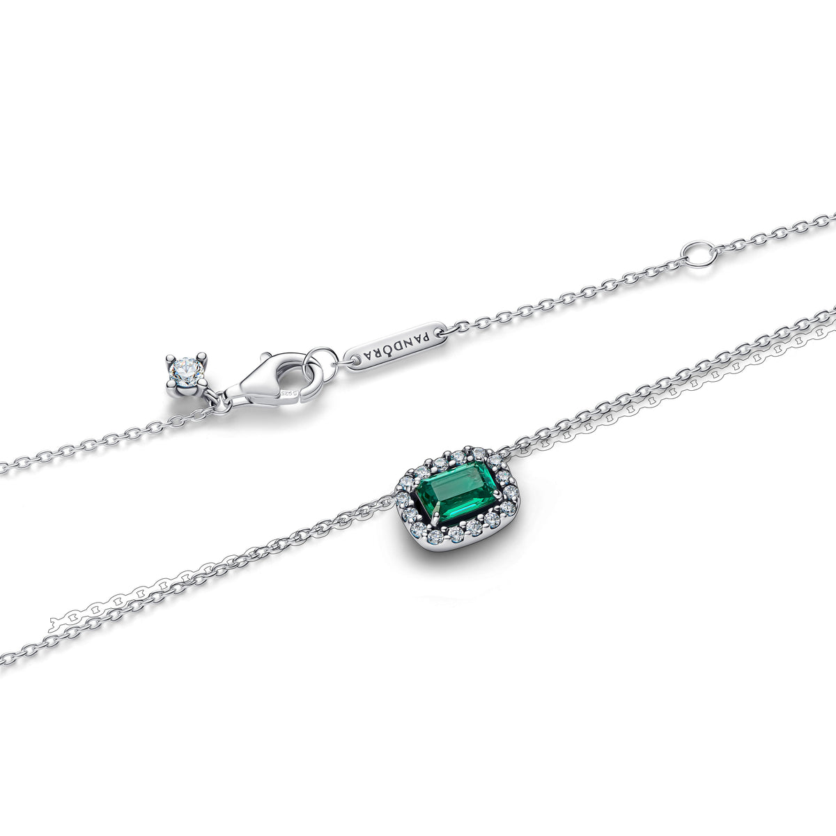 Pendant Necklace – Sterling Silver – Rectangular Sparkling Green Halo