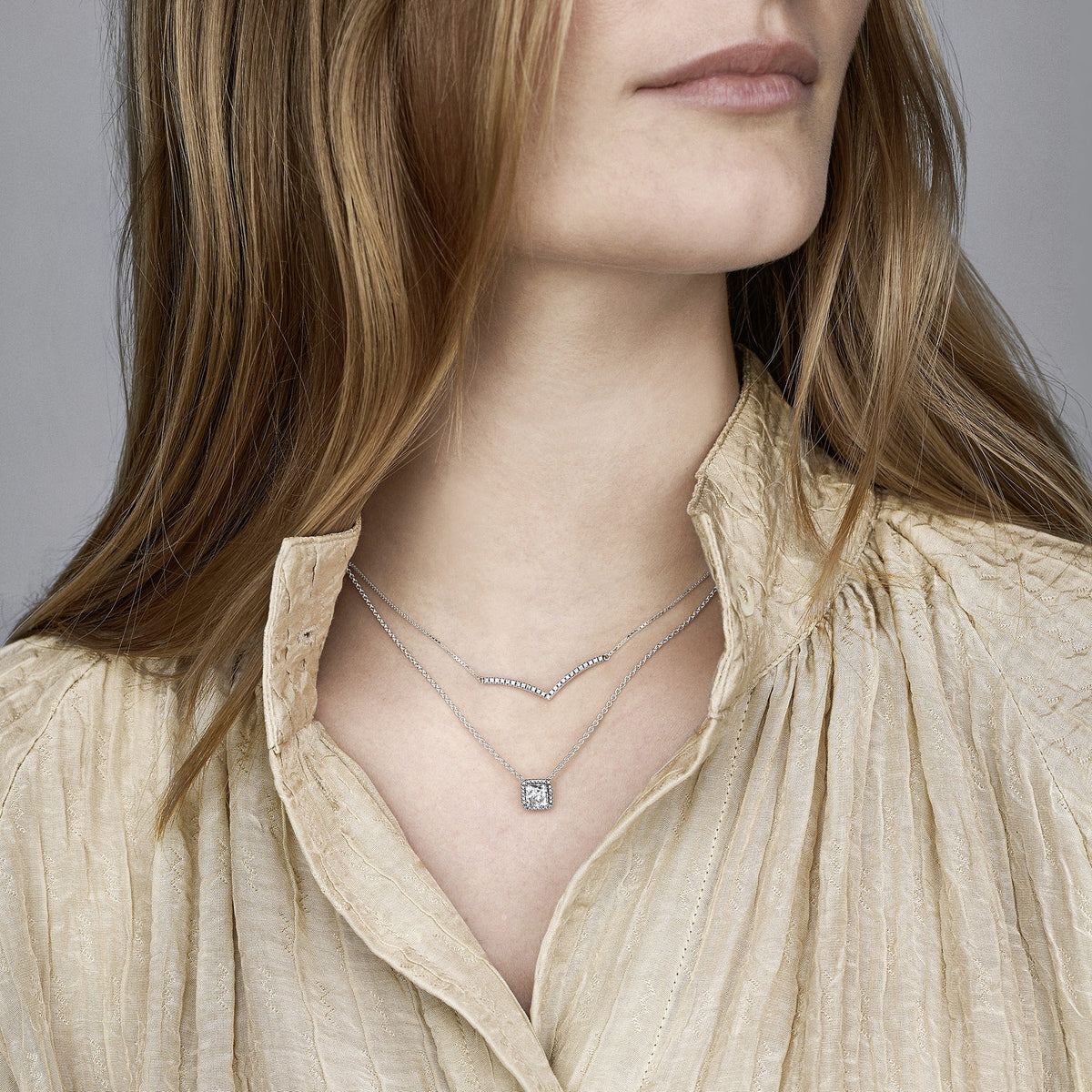 Necklace – Sterling Silver – Square Sparkle Halo