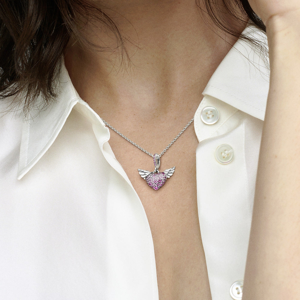 Necklace – Sterling Silver – Pavé Heart & Angel Wings