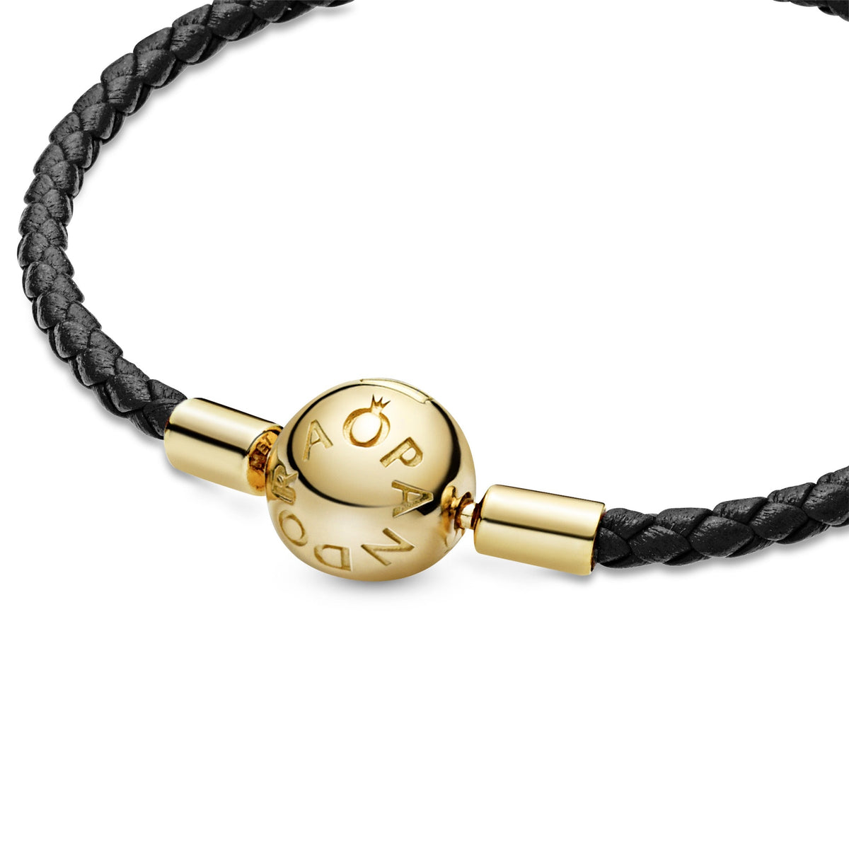Bracelet – 14k Gold-Plated – Pandora Moments Black Woven Leather