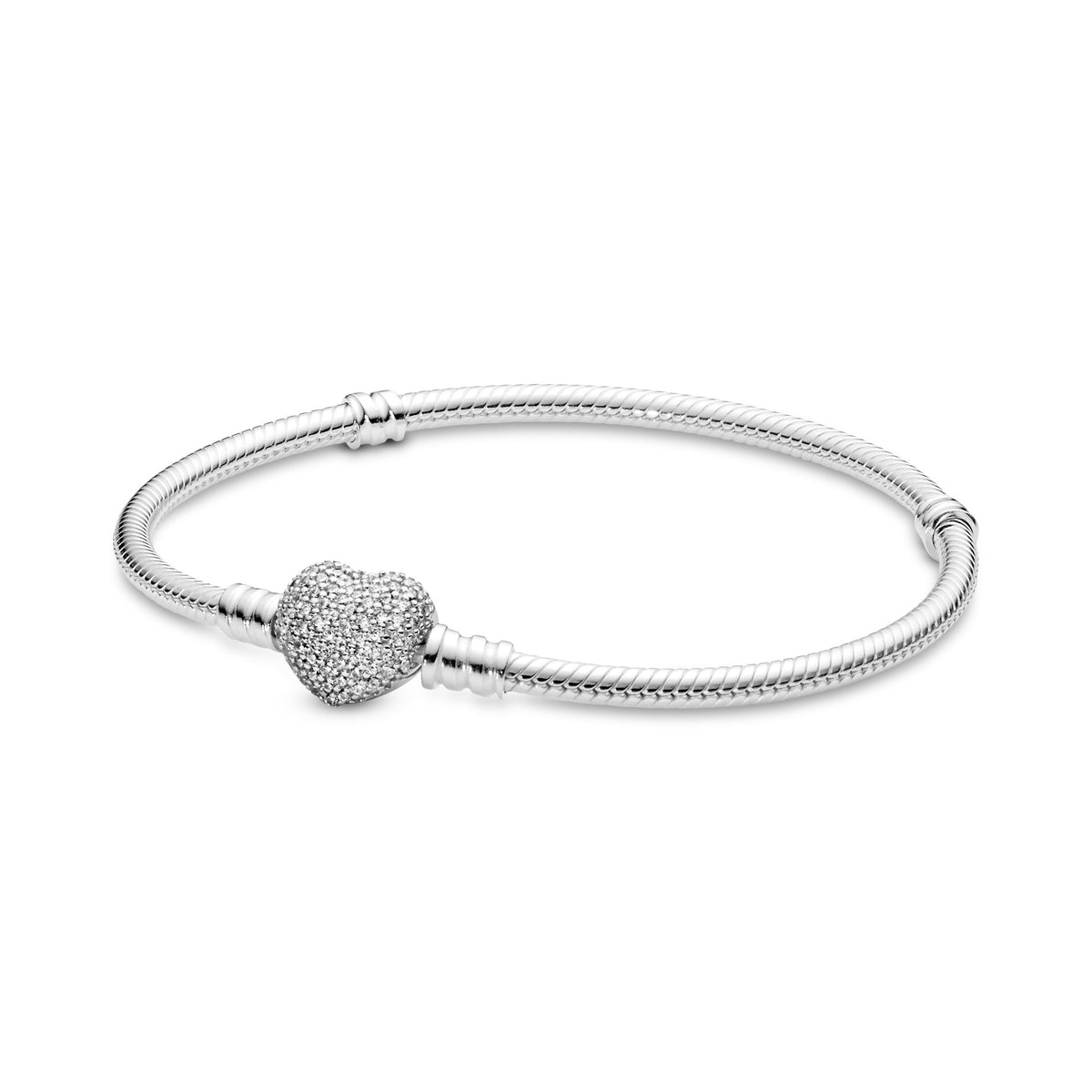 Chain Bracelet – Sterling Silver – Pandora Moments Sparkling Heart Pave Clasp Snake