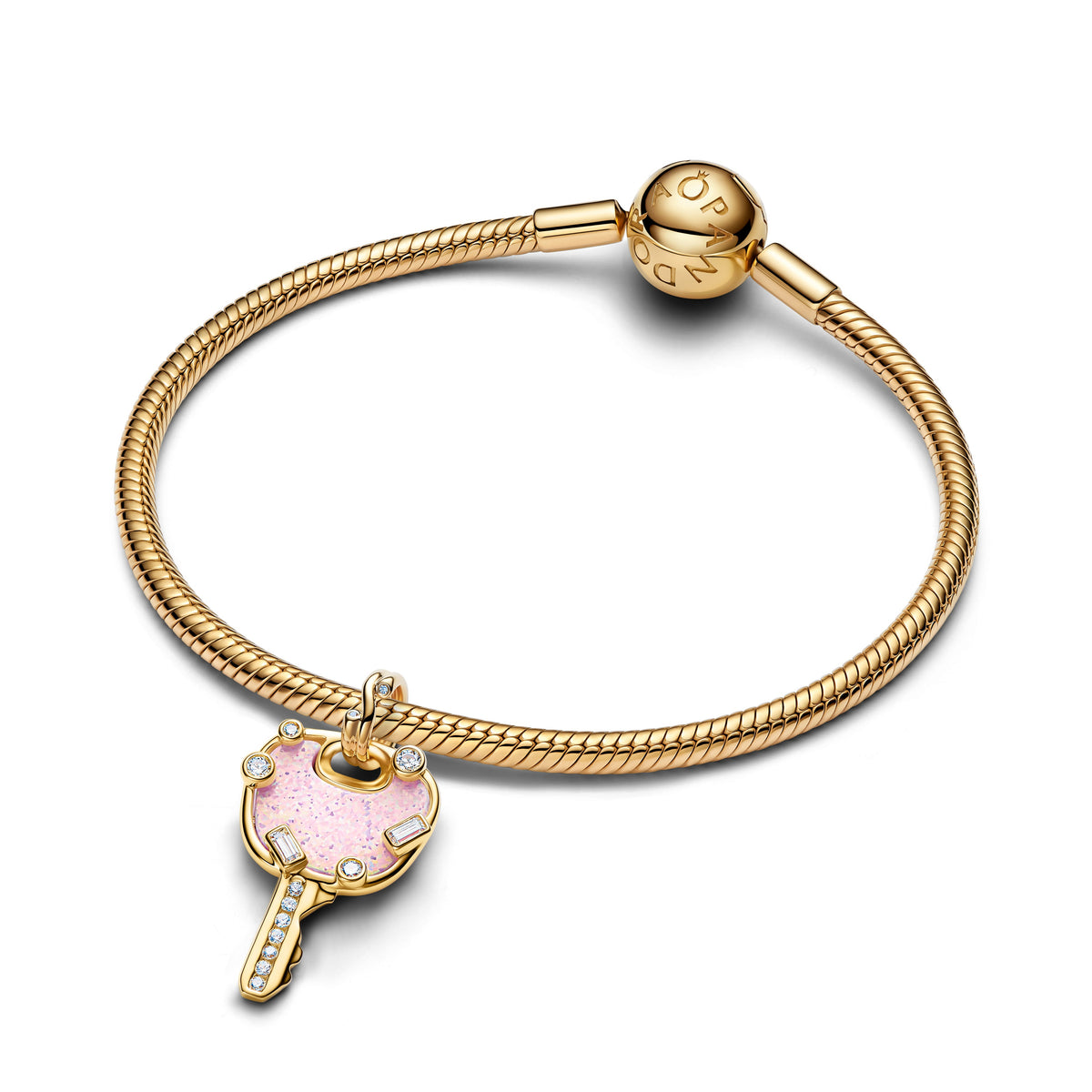 Dangle Charm – 14k Gold-Plated – Opalescent Pink Love Key Large
