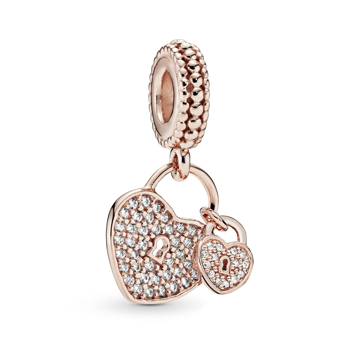 Dangle Charm – 14k Rose Gold-Plated – Pavé Heart Padlocks