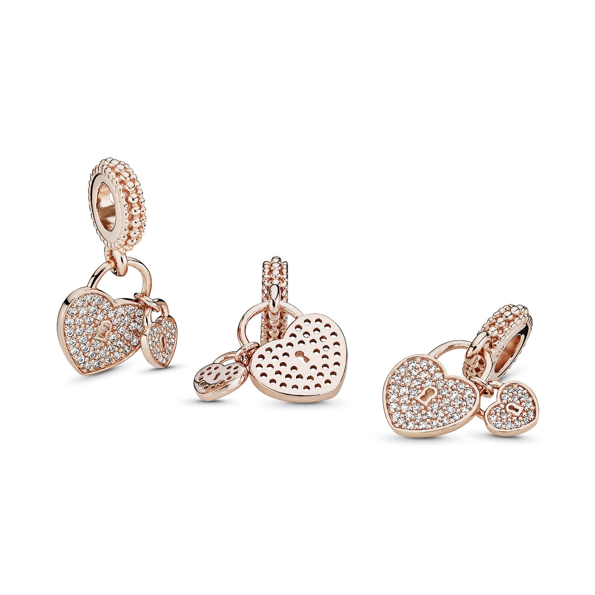 Dangle Charm – 14k Rose Gold-Plated – Pavé Heart Padlocks