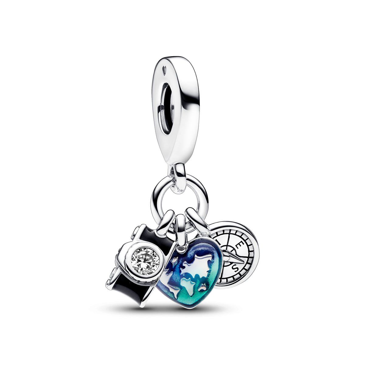 Dangle Charm – Sterling Silver – Camera, Heart & Compass Triple