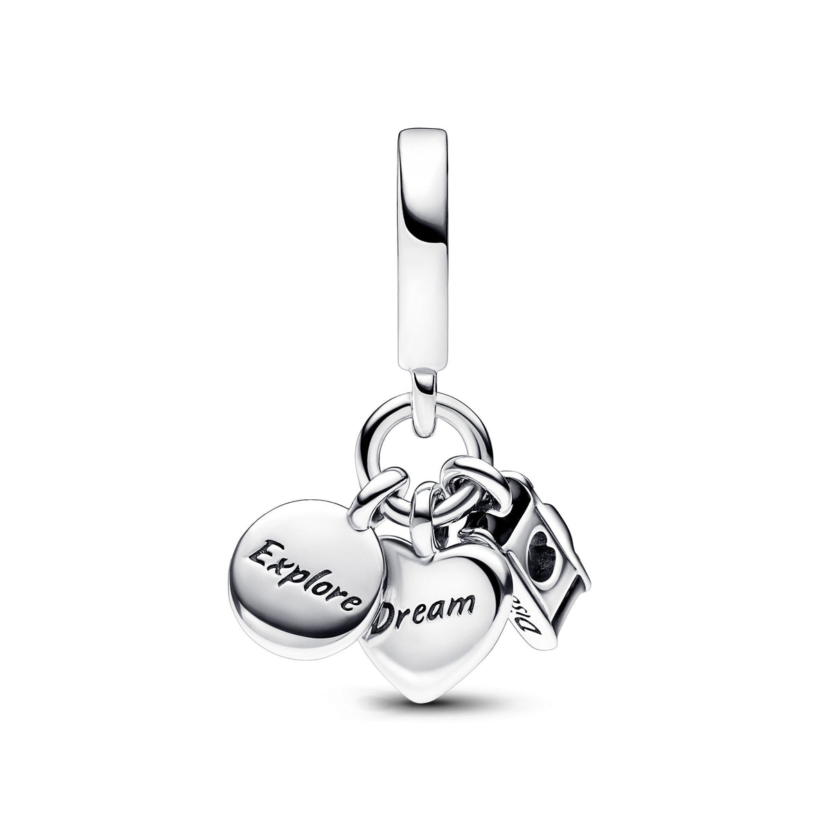 Dangle Charm – Sterling Silver – Camera, Heart & Compass Triple
