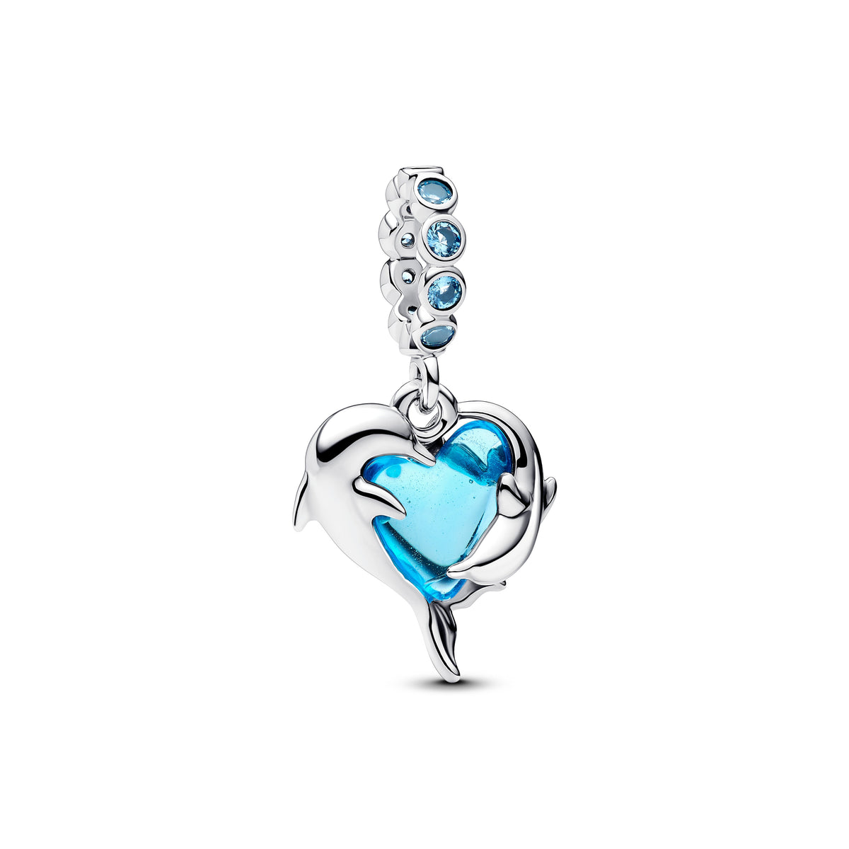 Dangle Charm – Sterling Silver – Blue Murano Glass Dolphins