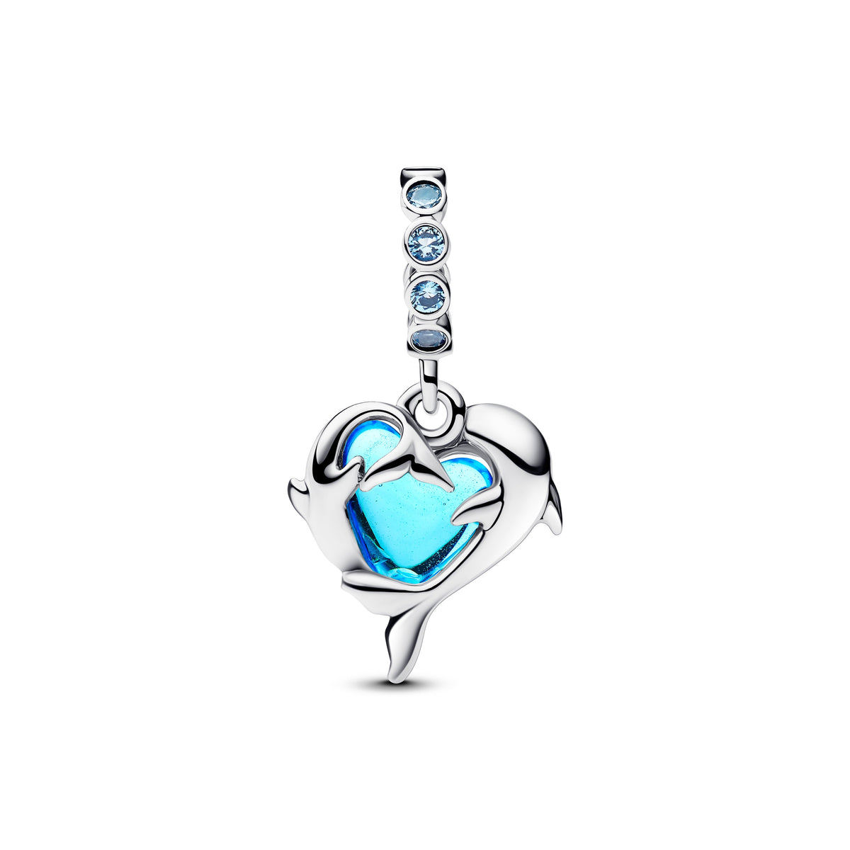 Dangle Charm – Sterling Silver – Blue Murano Glass Dolphins