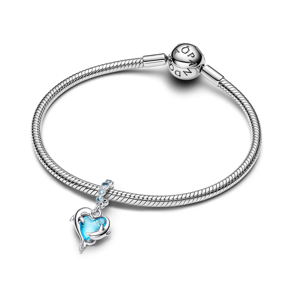 Dangle Charm – Sterling Silver – Blue Murano Glass Dolphins