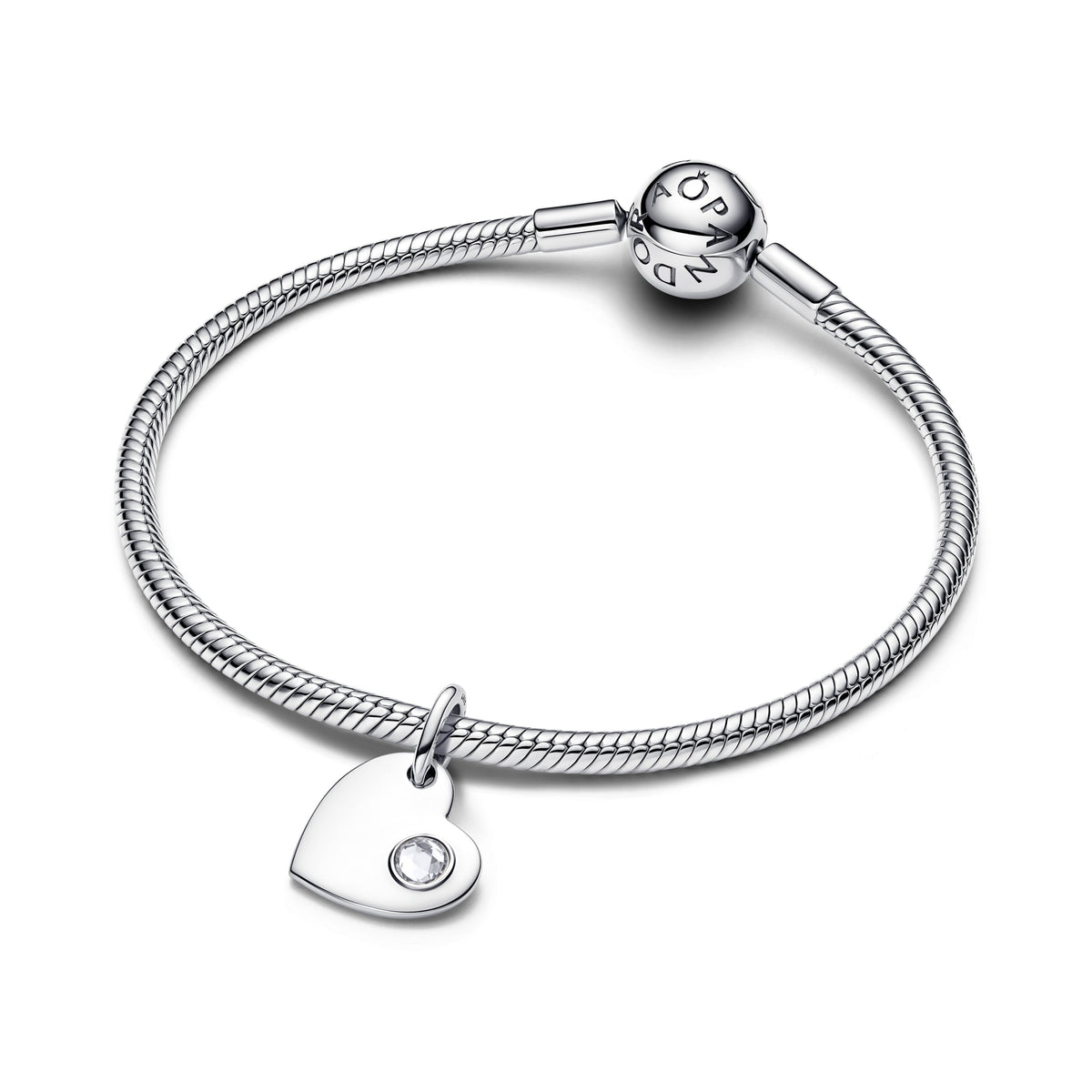 Dangle Charm – Sterling Silver – April Engravable Heart Clear Stone
