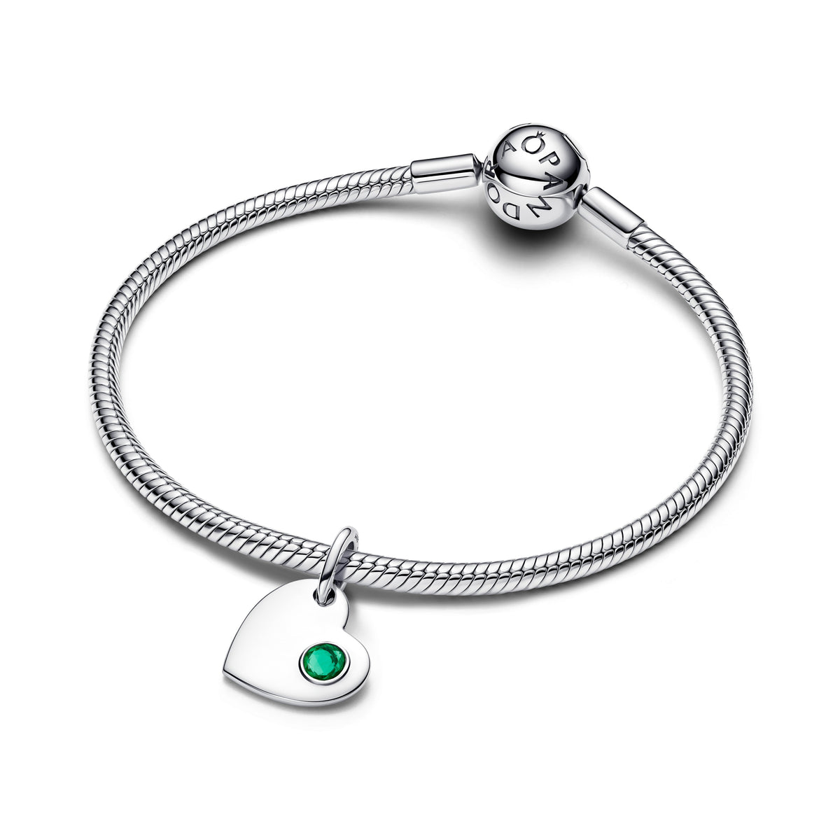 Dangle Charm – Sterling Silver – May Engravable Heart Green Stone