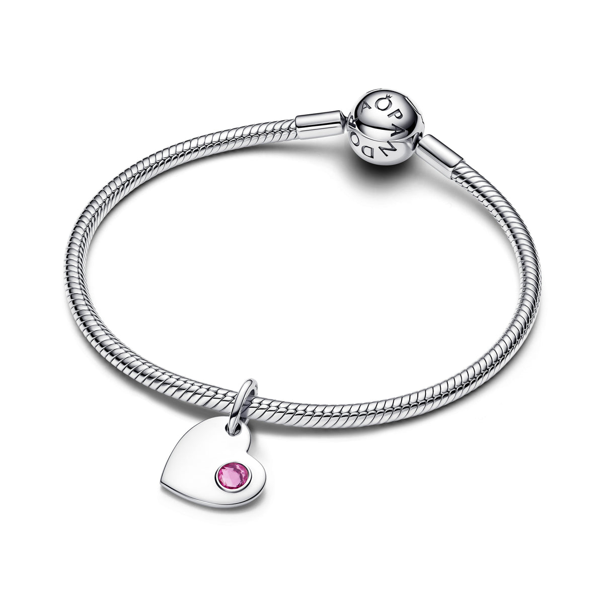 Dangle Charm – Sterling Silver – Engravable Heart Pink Stone