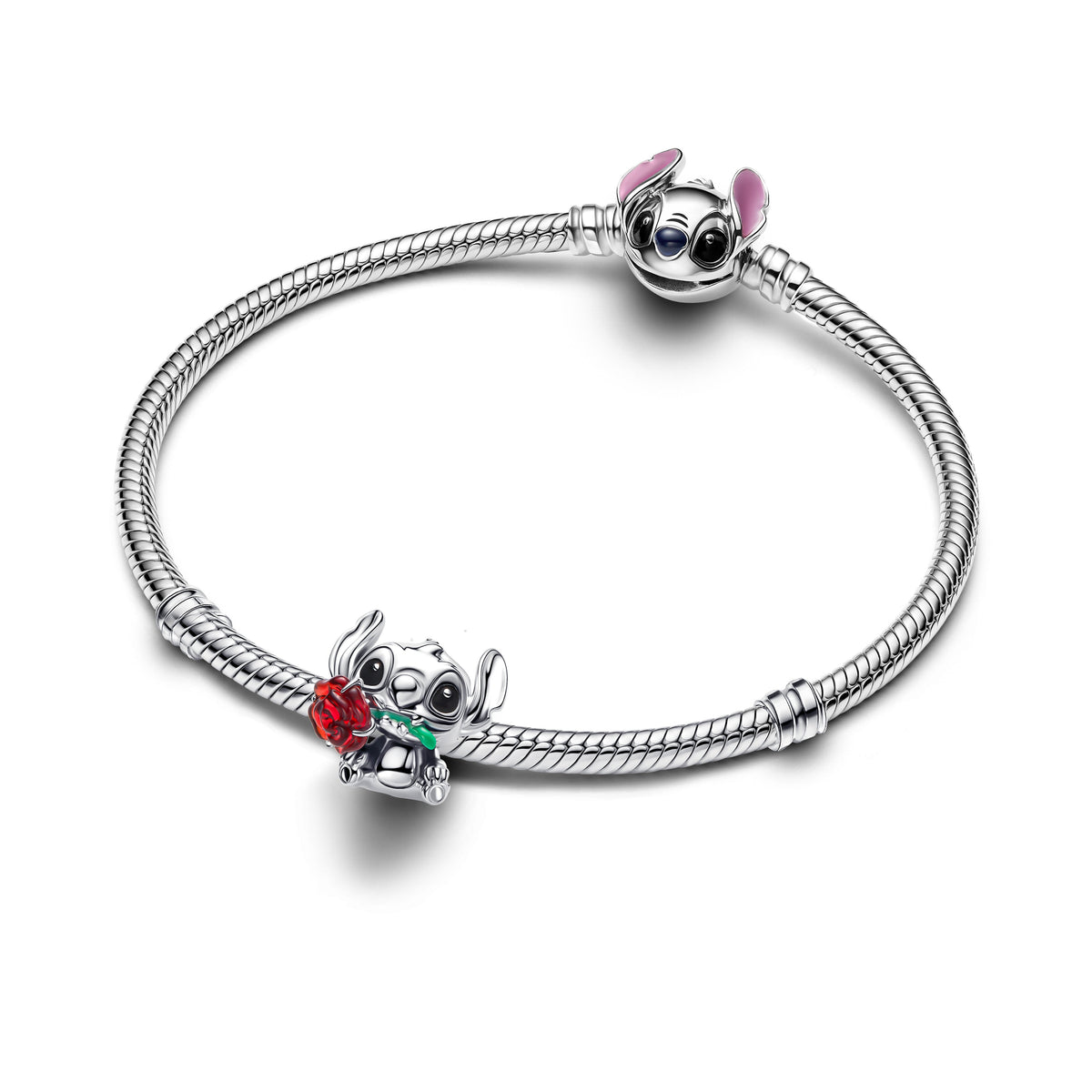 Charm – Sterling Silver – Disney Stitch Rose Murano Glass