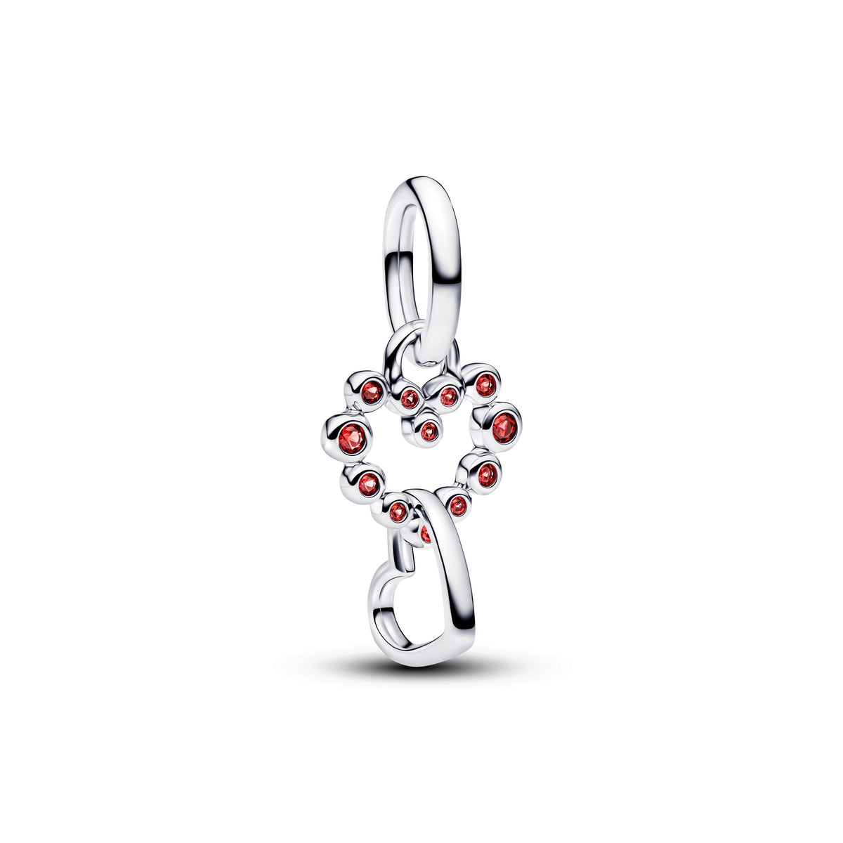 Dangle Charm – Sterling Silver – Connected Hearts & Red Stones