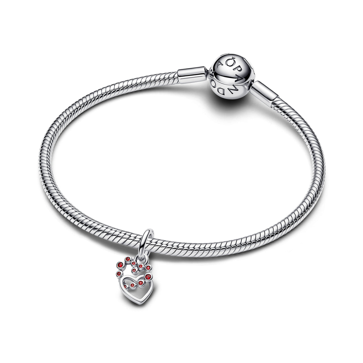 Dangle Charm – Sterling Silver – Connected Hearts & Red Stones