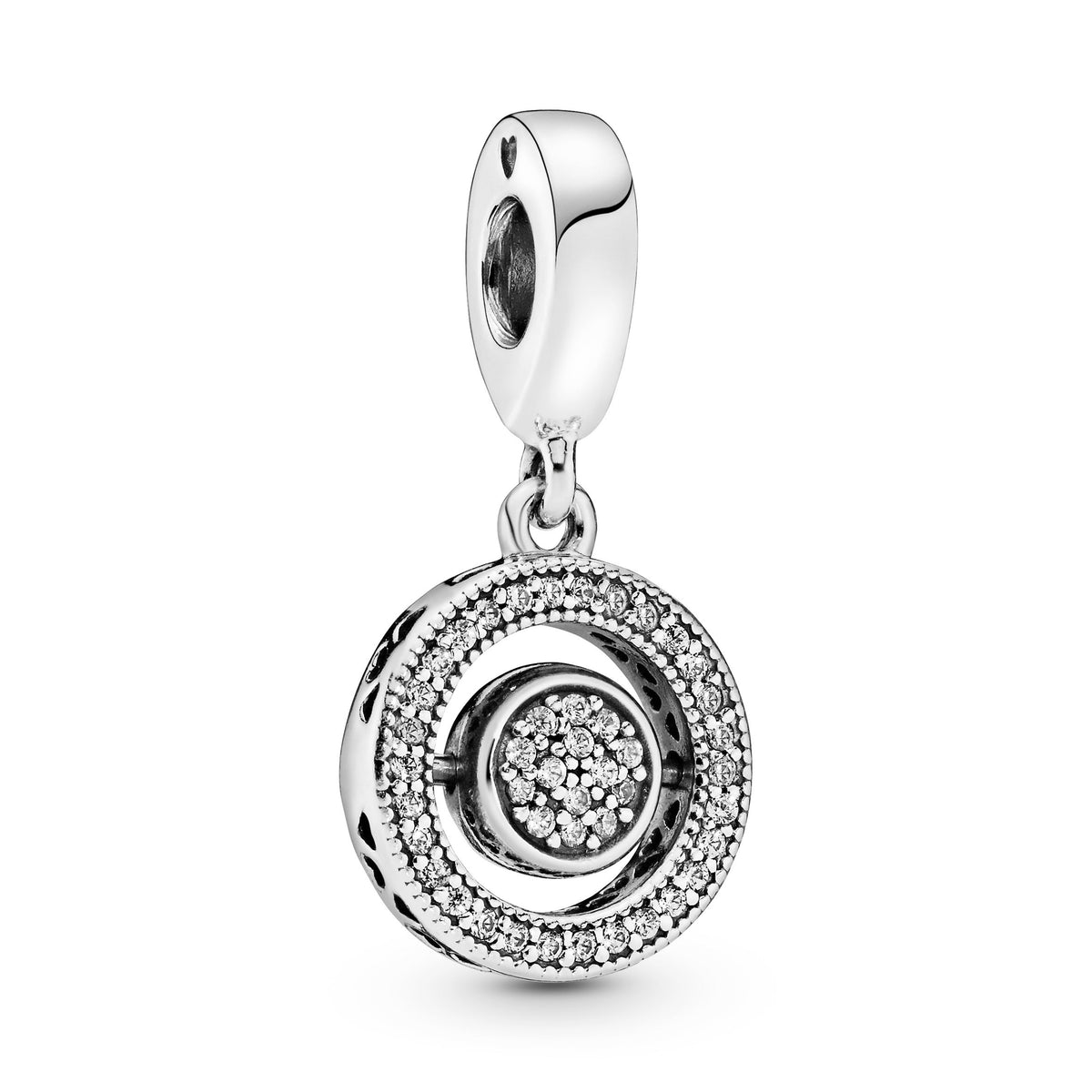 Charm – Sterling Silver – Spinning Pandora Logo & Pavé Dangle