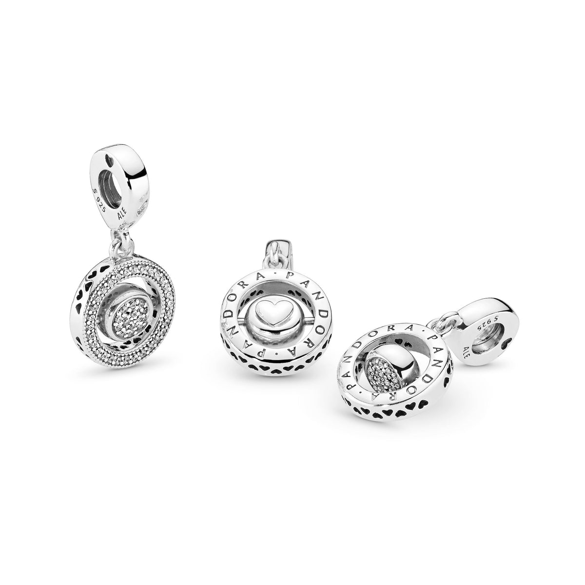 Charm – Sterling Silver – Spinning Pandora Logo & Pavé Dangle
