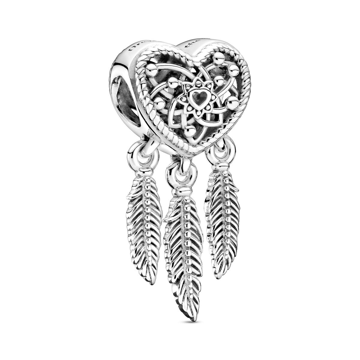 Charm – Sterling Silver – Openwork Heart & Three Feathers Dreamcatcher
