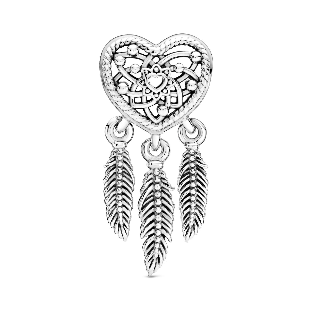 Charm – Sterling Silver – Openwork Heart & Three Feathers Dreamcatcher