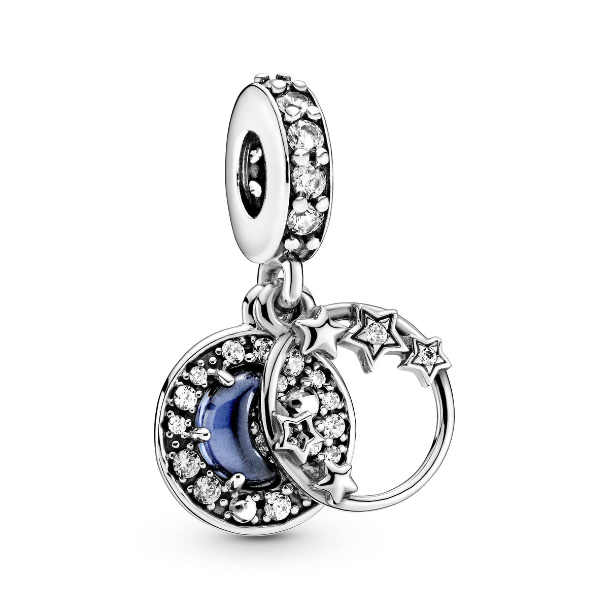 Dangle Charm – Sterling Silver – Blue Night Sky Crescent Moon & Stars