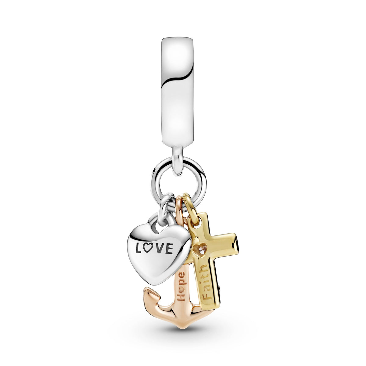 Dangle Charm – 14k Rose Gold-Plated – Triple-tone Cross, Heart, & Anchor
