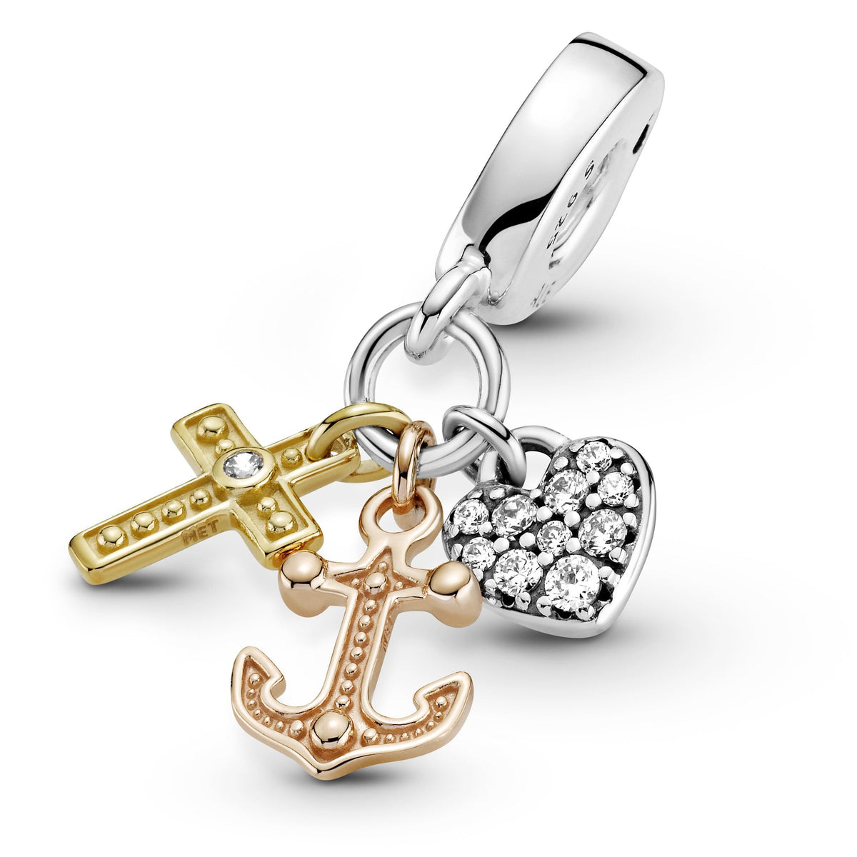 Dangle Charm – 14k Rose Gold-Plated – Triple-tone Cross, Heart, & Anchor