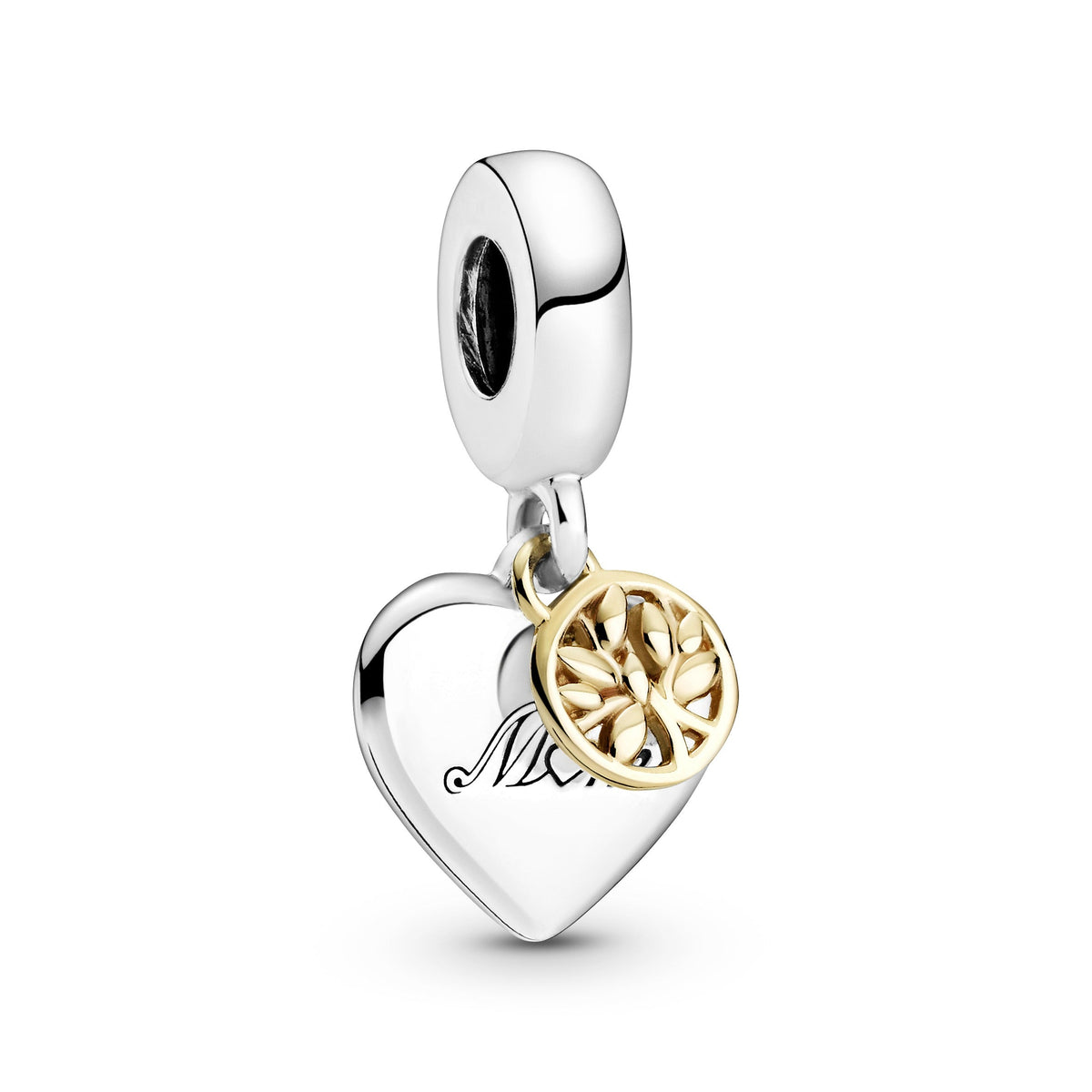Dangle Charm – Sterling Silver – Two-tone Family Tree & Heart