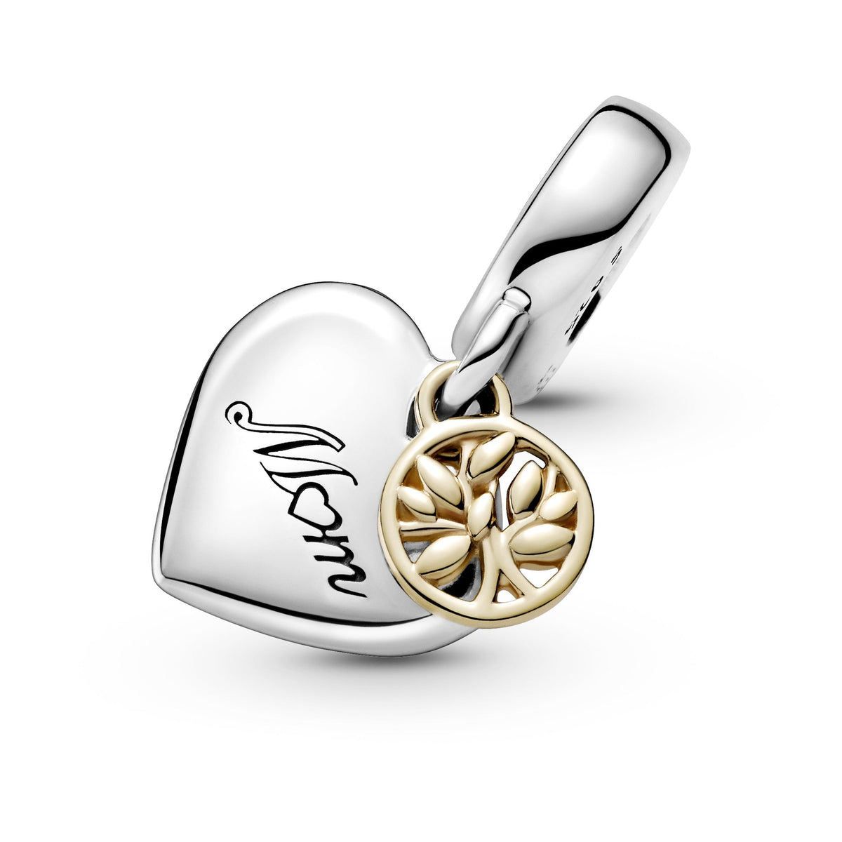Dangle Charm – Sterling Silver – Two-tone Family Tree & Heart