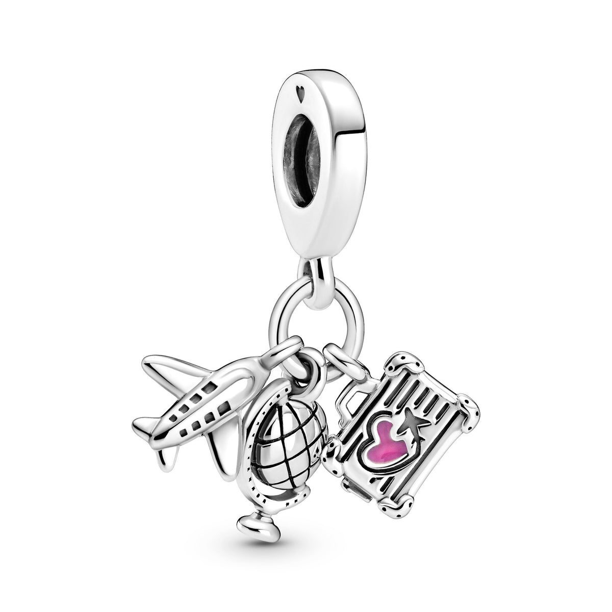 Dangle Charm – Sterling Silver – Airplane, Globe & Suitcase