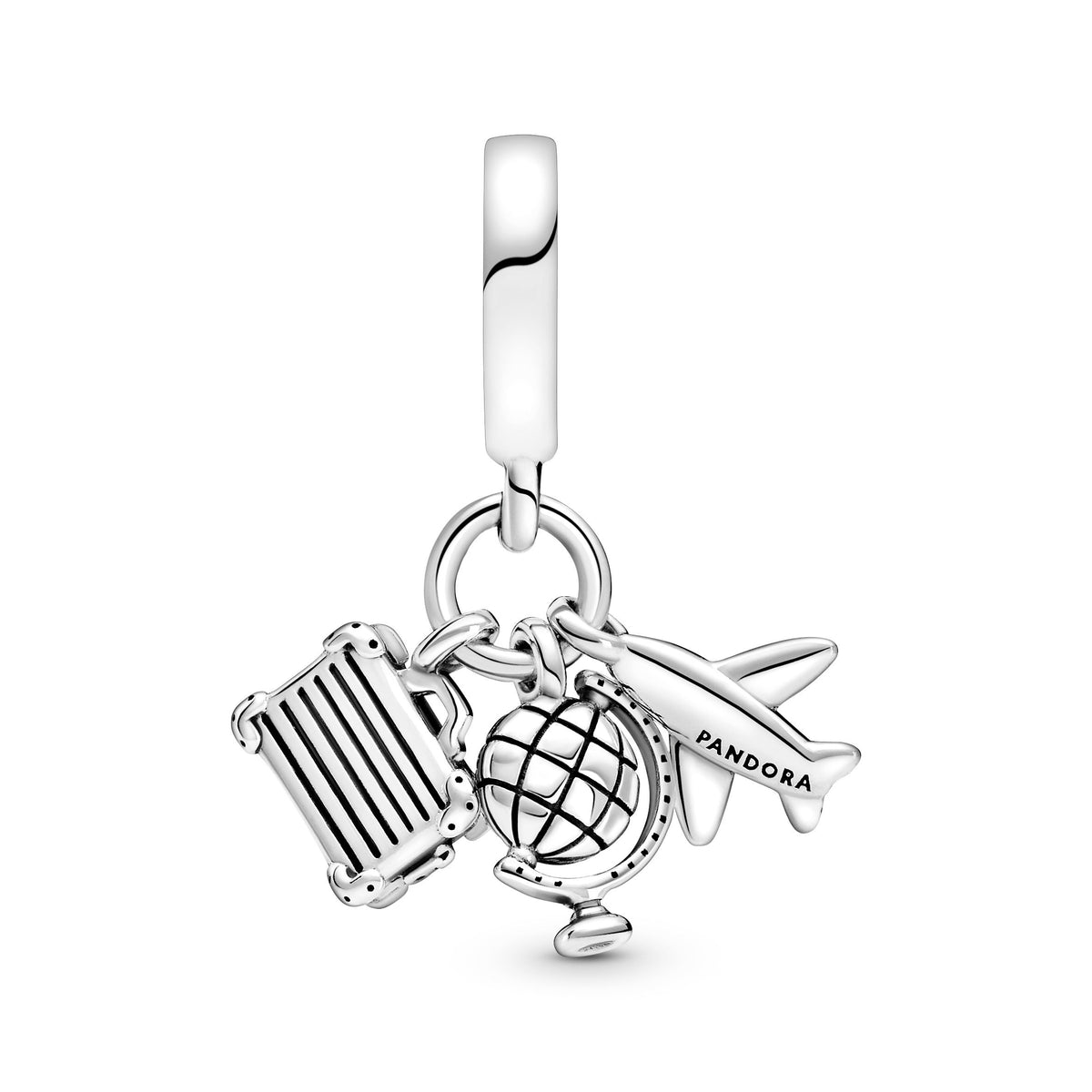 Dangle Charm – Sterling Silver – Airplane, Globe & Suitcase