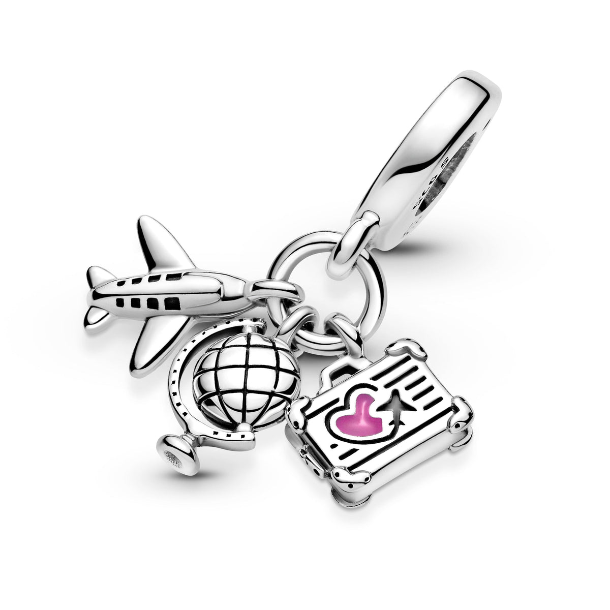 Dangle Charm – Sterling Silver – Airplane, Globe & Suitcase