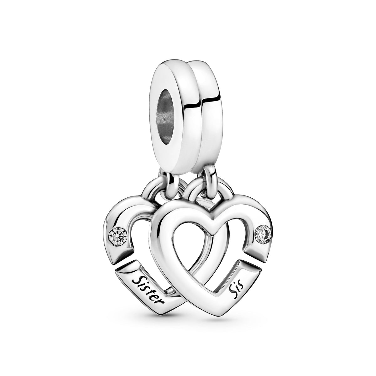Dangle Charm – Sterling Silver – Linked Sister Hearts Split