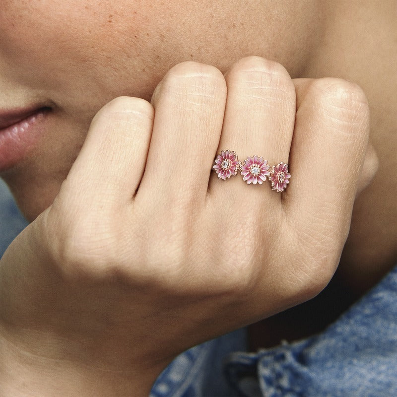 Ring – 14k Rose Gold-Plated – Pink Daisy Flower Trio