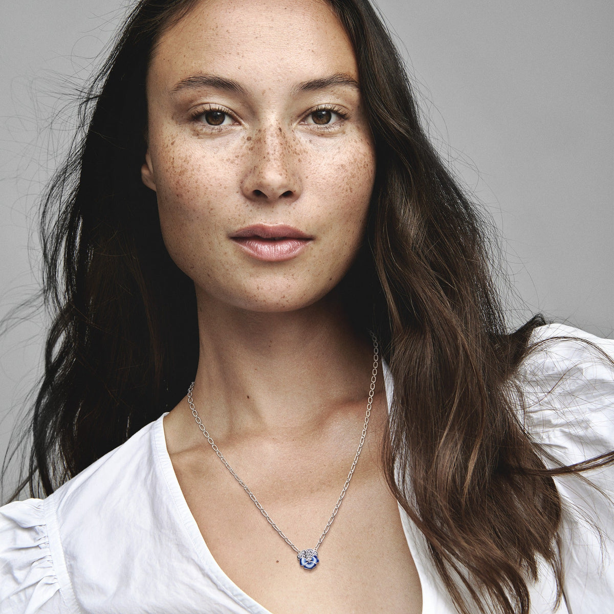 Pendant Necklace – Sterling Silver – Blue Pansy Flower