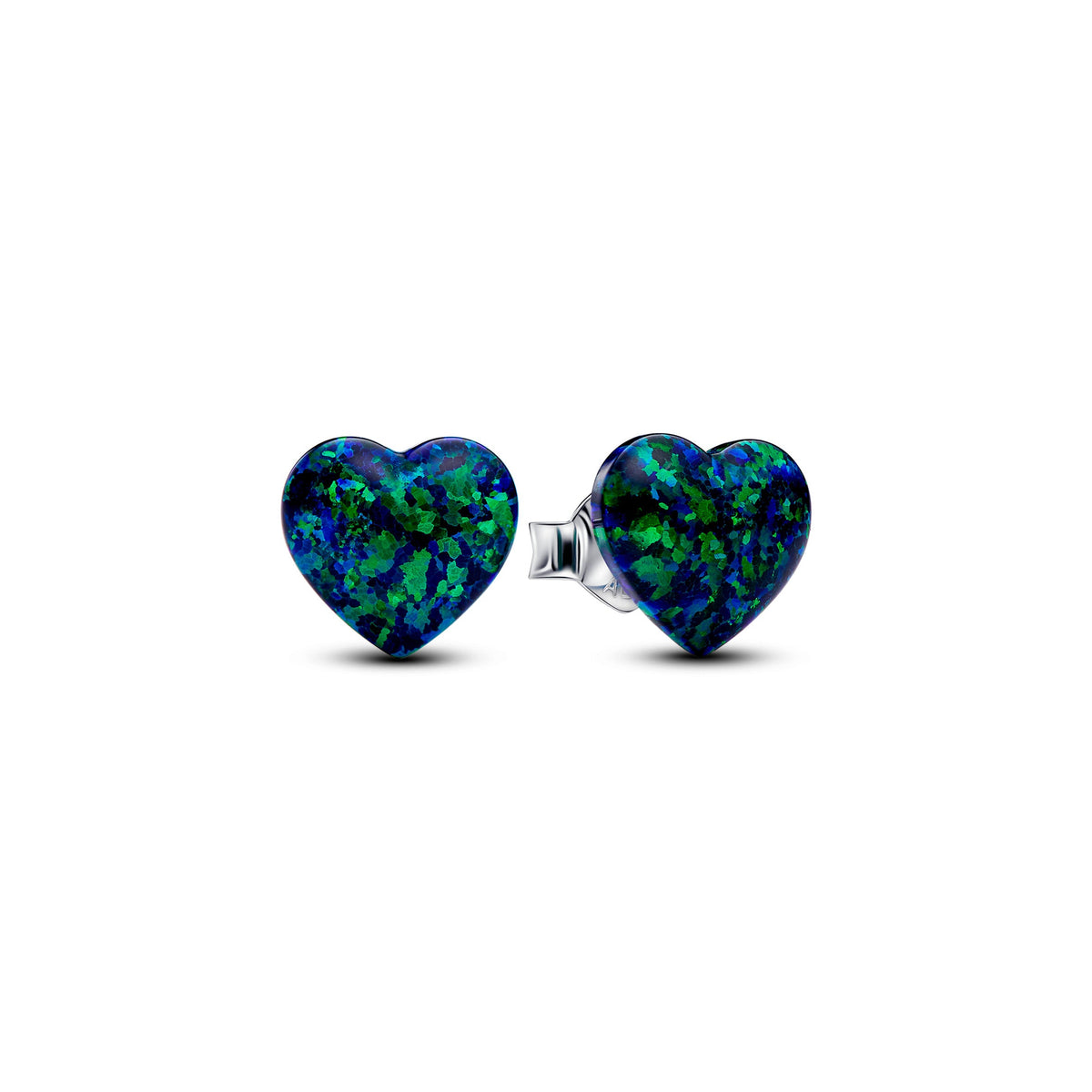 Stud Earrings – Sterling Silver – Opalescent Green Heart