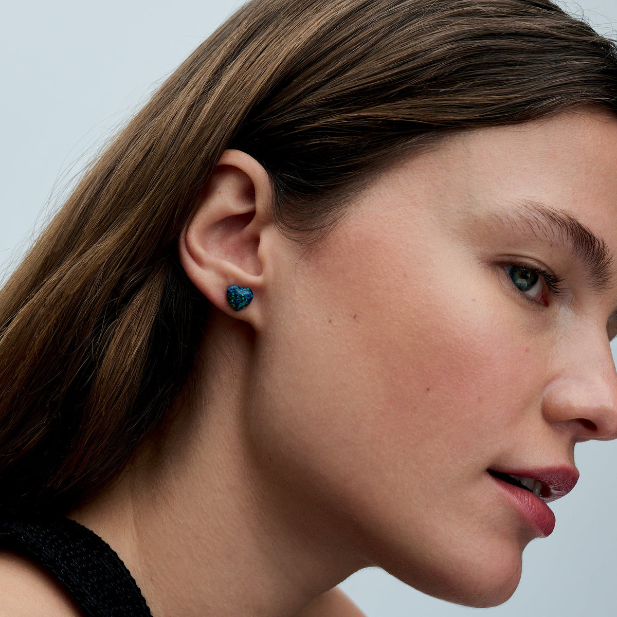 Stud Earrings – Sterling Silver – Opalescent Green Heart
