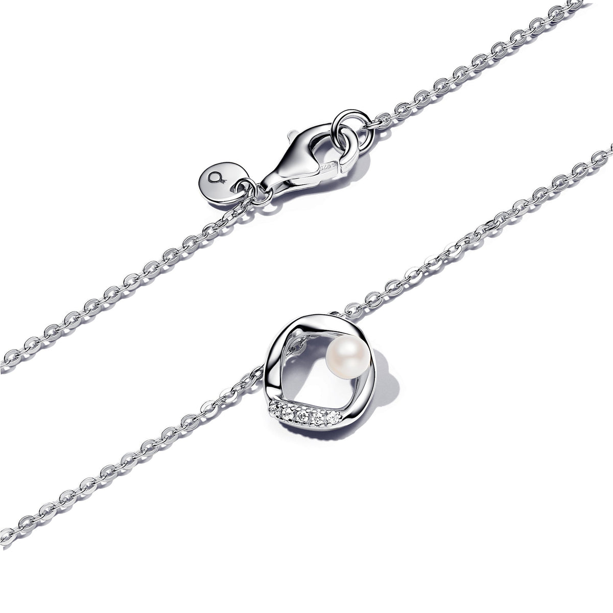 Necklace – Sterling Silver – Organically Shaped Pavé Circle & Treated Freshwater Cultured Pearl Collier