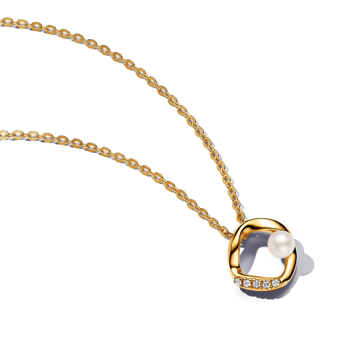 Necklace – 14k Gold-Plated – Organically Shaped Pavé Circle & Treated Freshwater Cultured Pearl Collier
