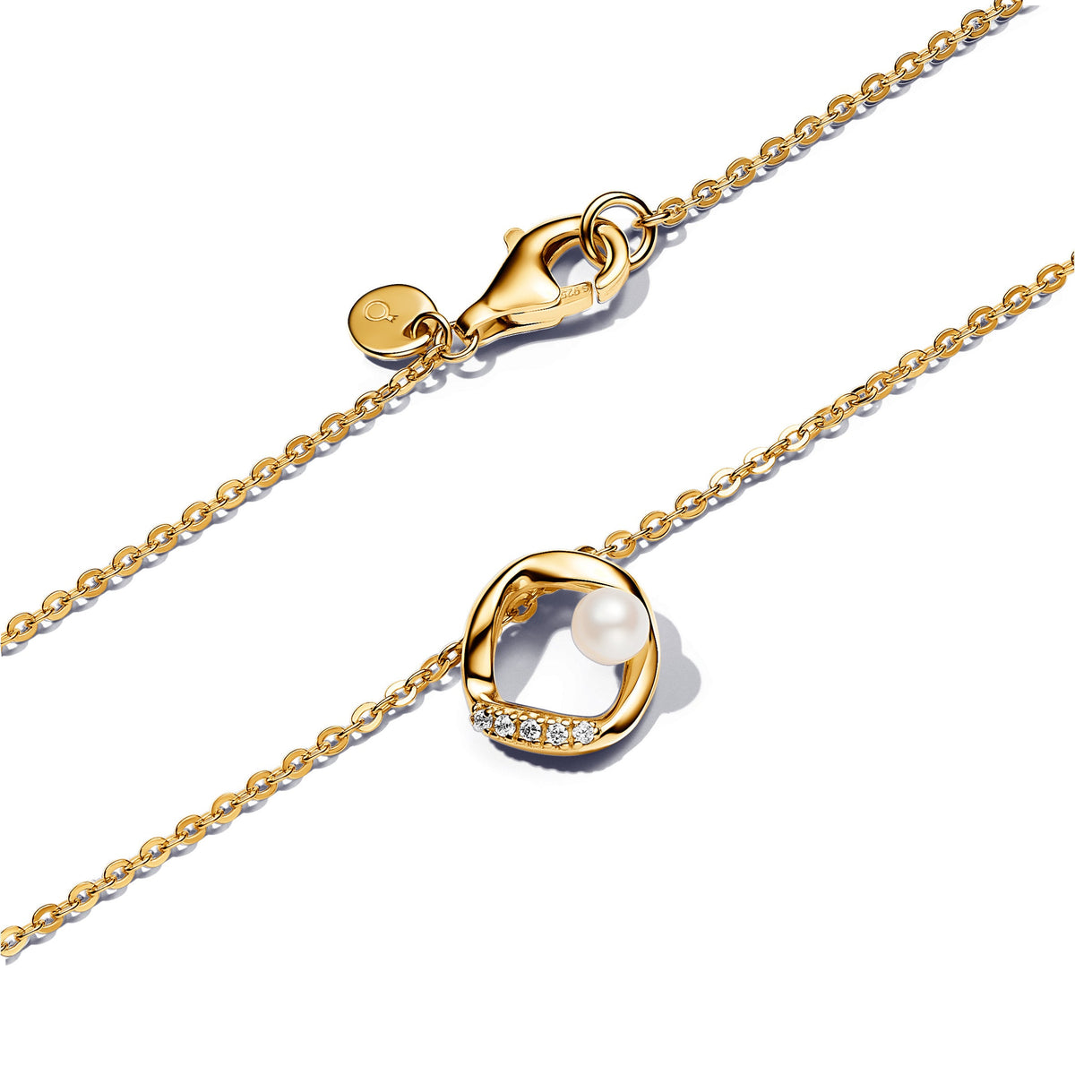 Necklace – 14k Gold-Plated – Organically Shaped Pavé Circle & Treated Freshwater Cultured Pearl Collier